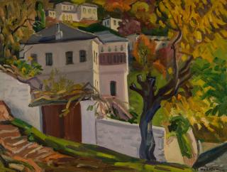 Makrinitsa: Houses, Trees, No Sky — Oil painting, Canvas, 50.00×65.00cm — Theodoros Markellos